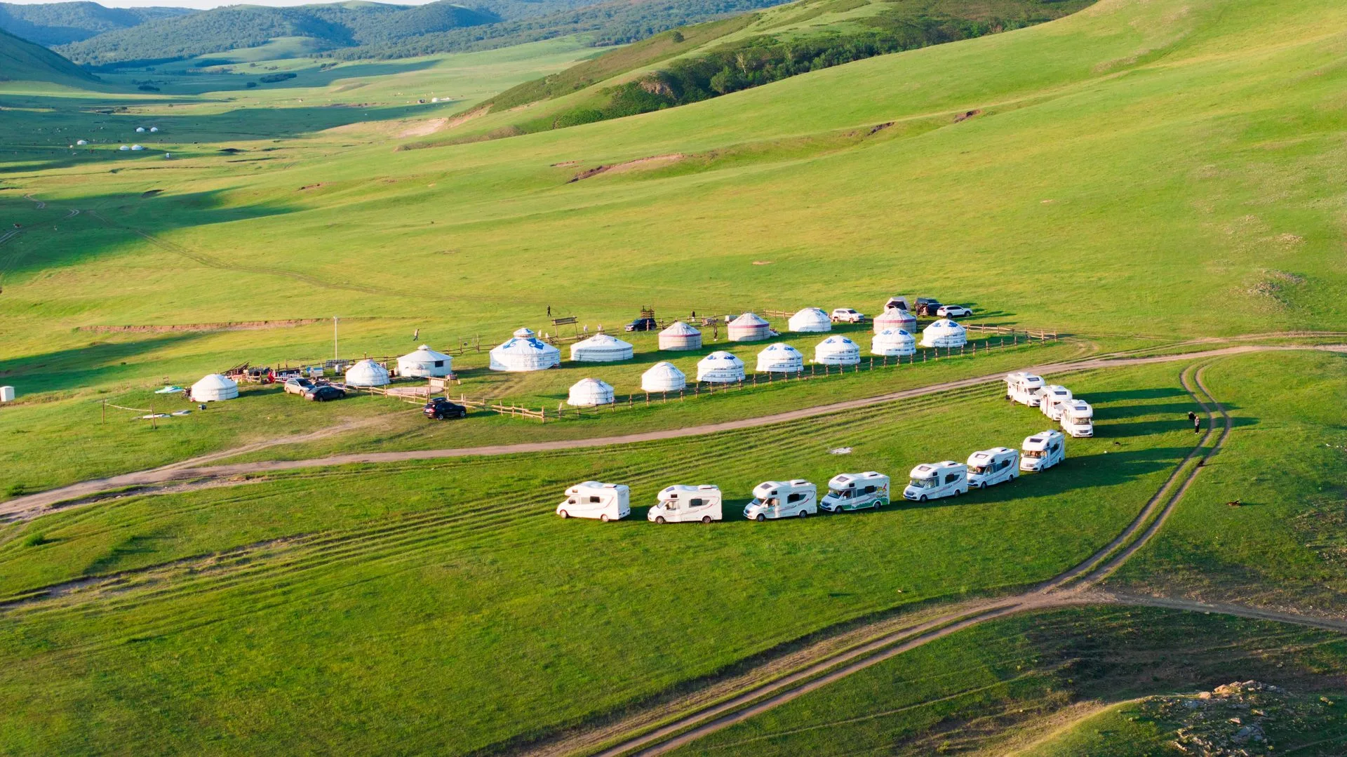Aerial view of RV2GO campervans and traditional yurts on the Inner Mongolia grasslands